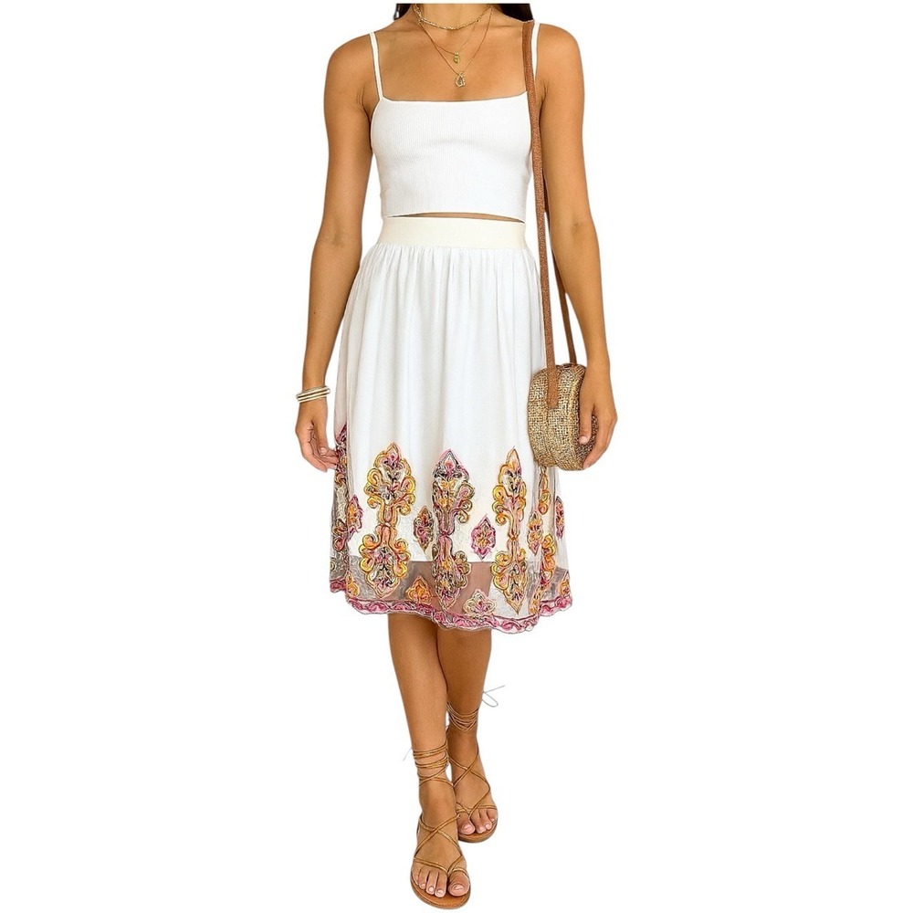 Women's Boho‎ Embroidered Magic Skirt XL White Mesh Lined Festival Gypsy Cottage